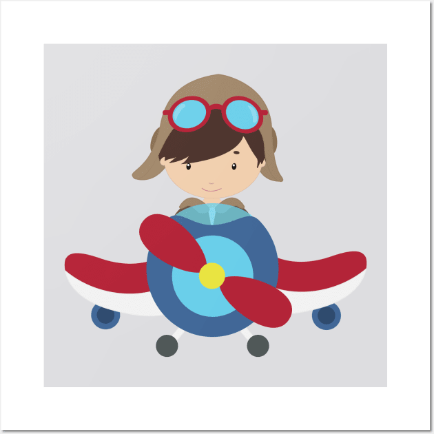 Pilot Boy, Airplane, Plane, Flying, Brown Hair Wall Art by Jelena Dunčević